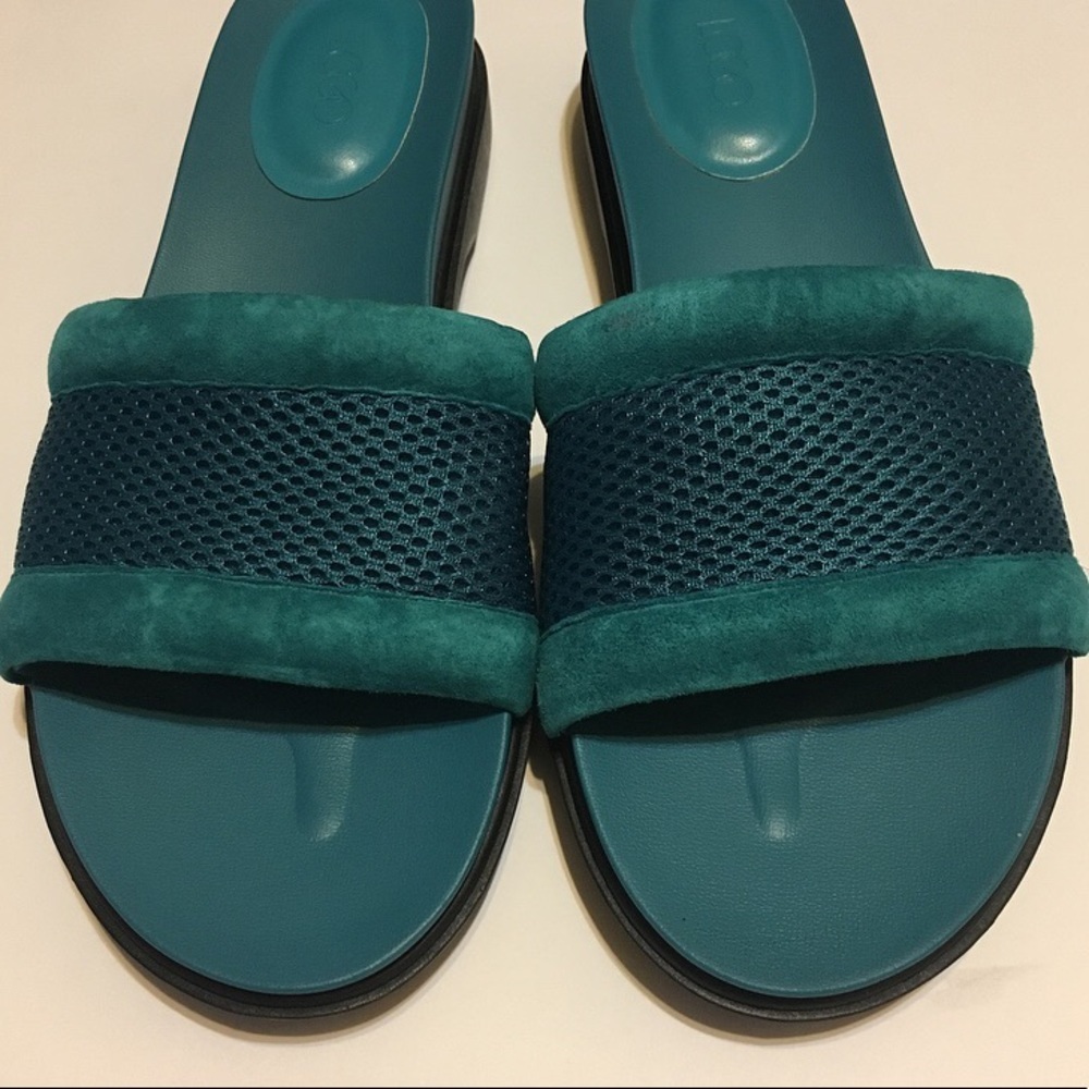 LOGO Y2K BohoChic Teal Suede Trim Beachy Slides Size 8